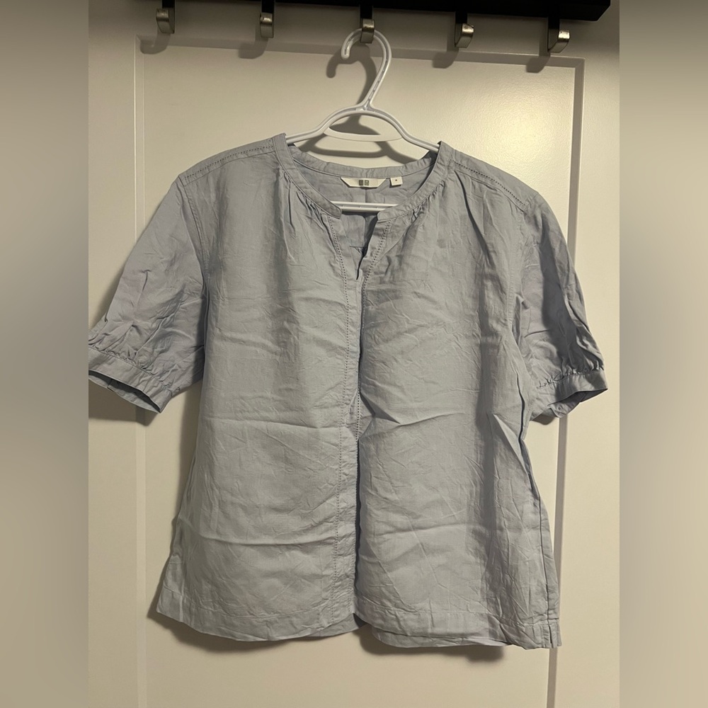 NWOT Uniqlo Linen Top with Puff Sleeves | Blue | Size M